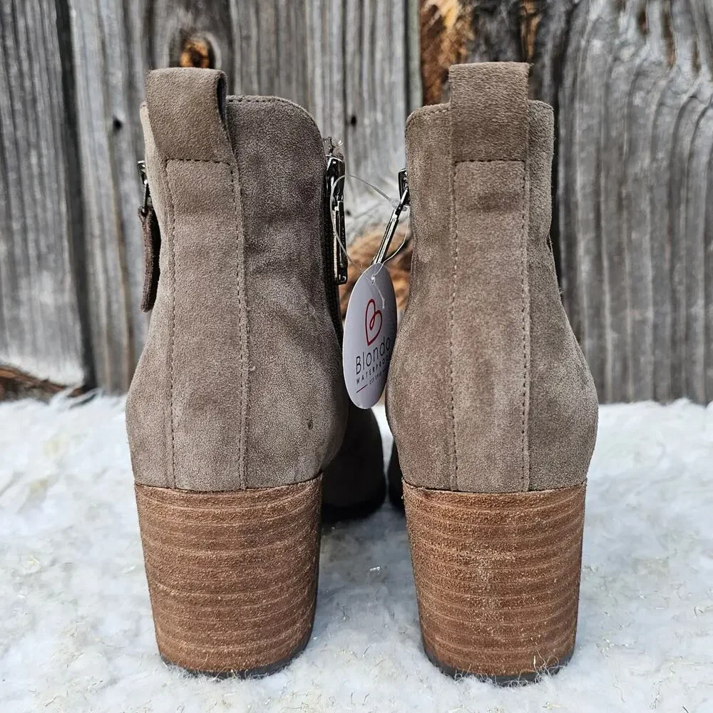 Suede Ankle Boot Tan Leather Blondo Waterproof Siena Bootie Size 8.5 Zip Heeled - Picture 5 of 13